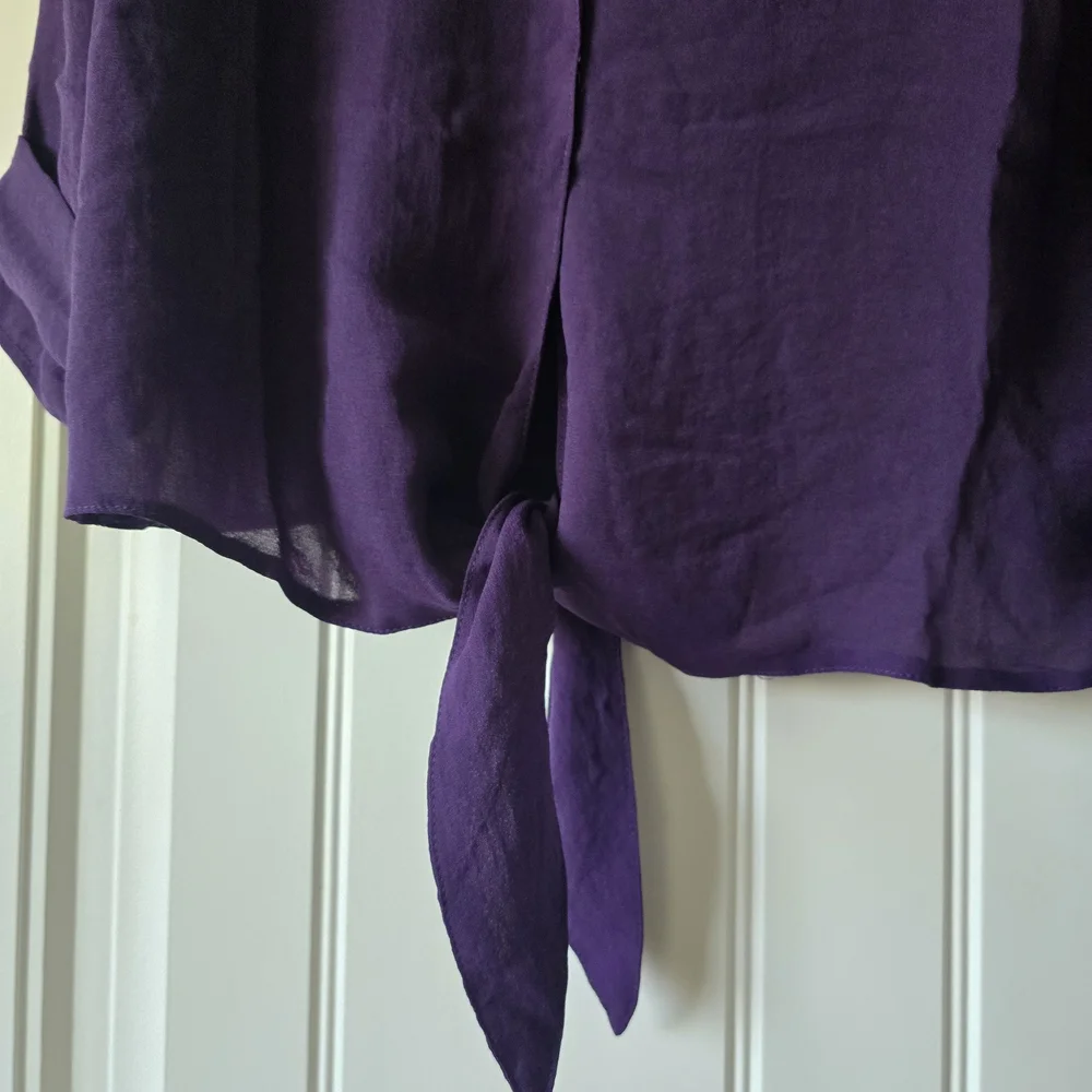 NWT Haute Monde Purple Tie Front Blouse M Collared Lightweight Drapey Chic Top - Picture 9 of 10